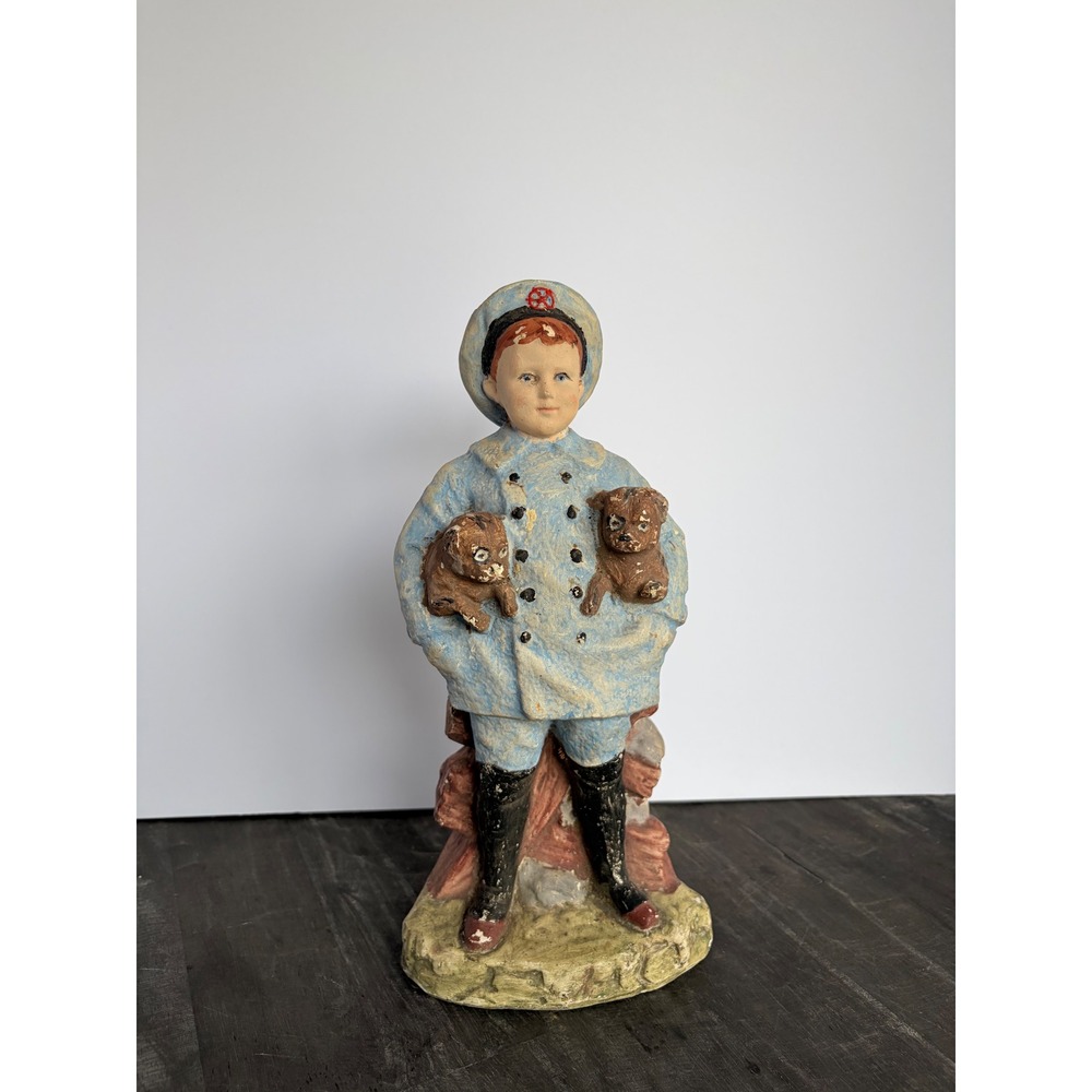 Antique Chalkware Boy with Puppies Figurine Blue Coat Sailor Hat Folk Art